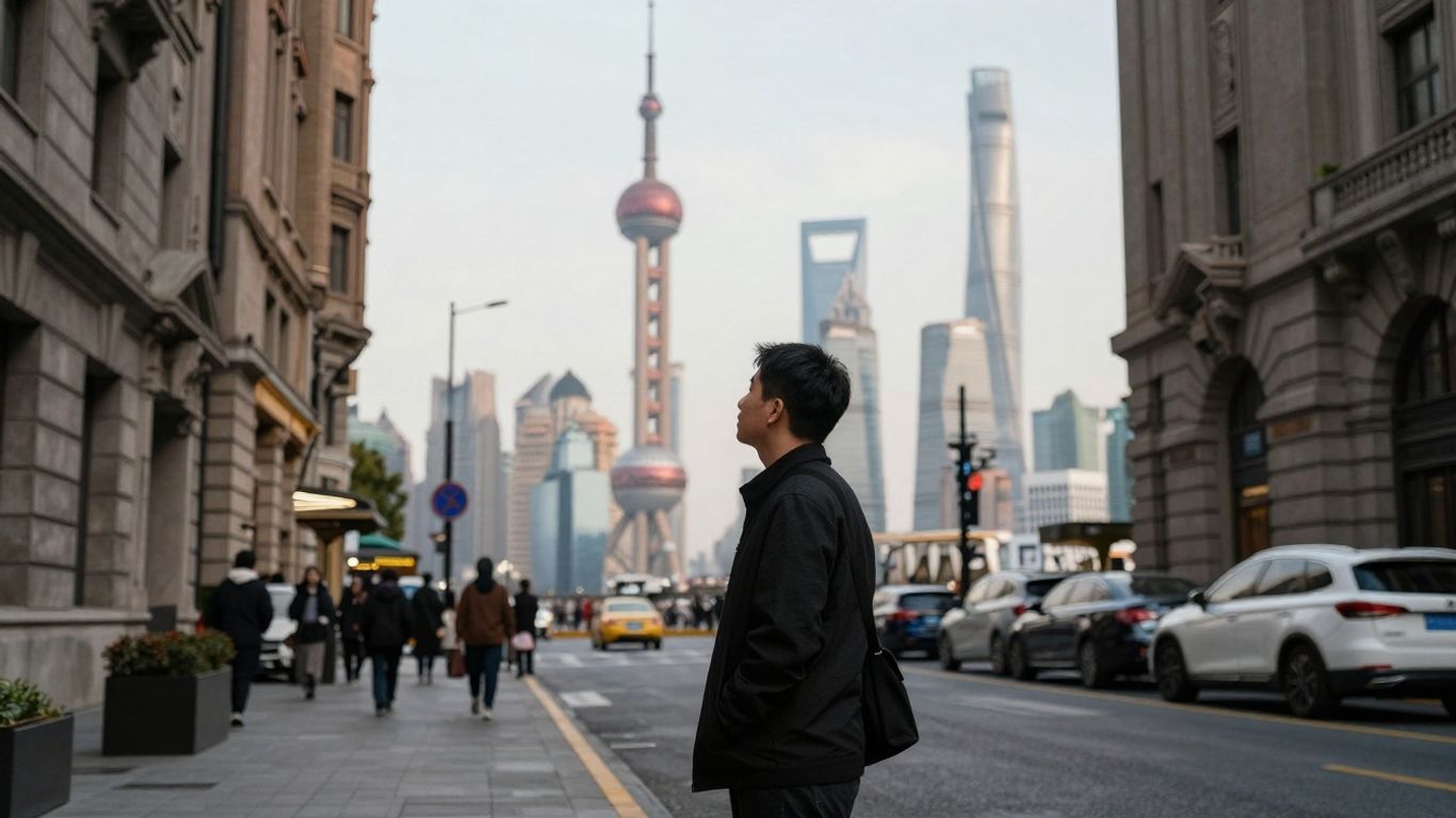 Expat in Shanghai facing city skyline