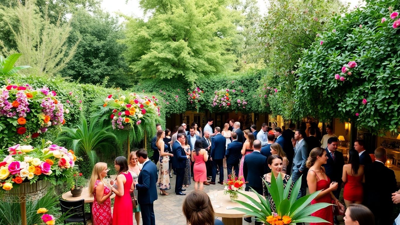 Elegant garden party with guests and floral decor.