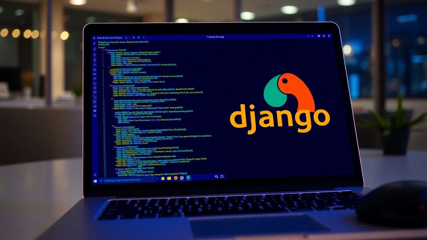 Django web development code on a laptop screen.