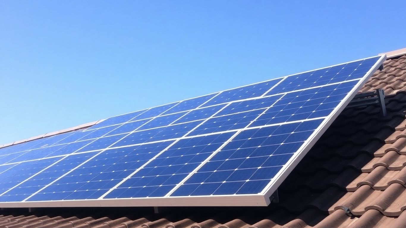 Panneaux solaires sur un toit sous un ciel bleu.