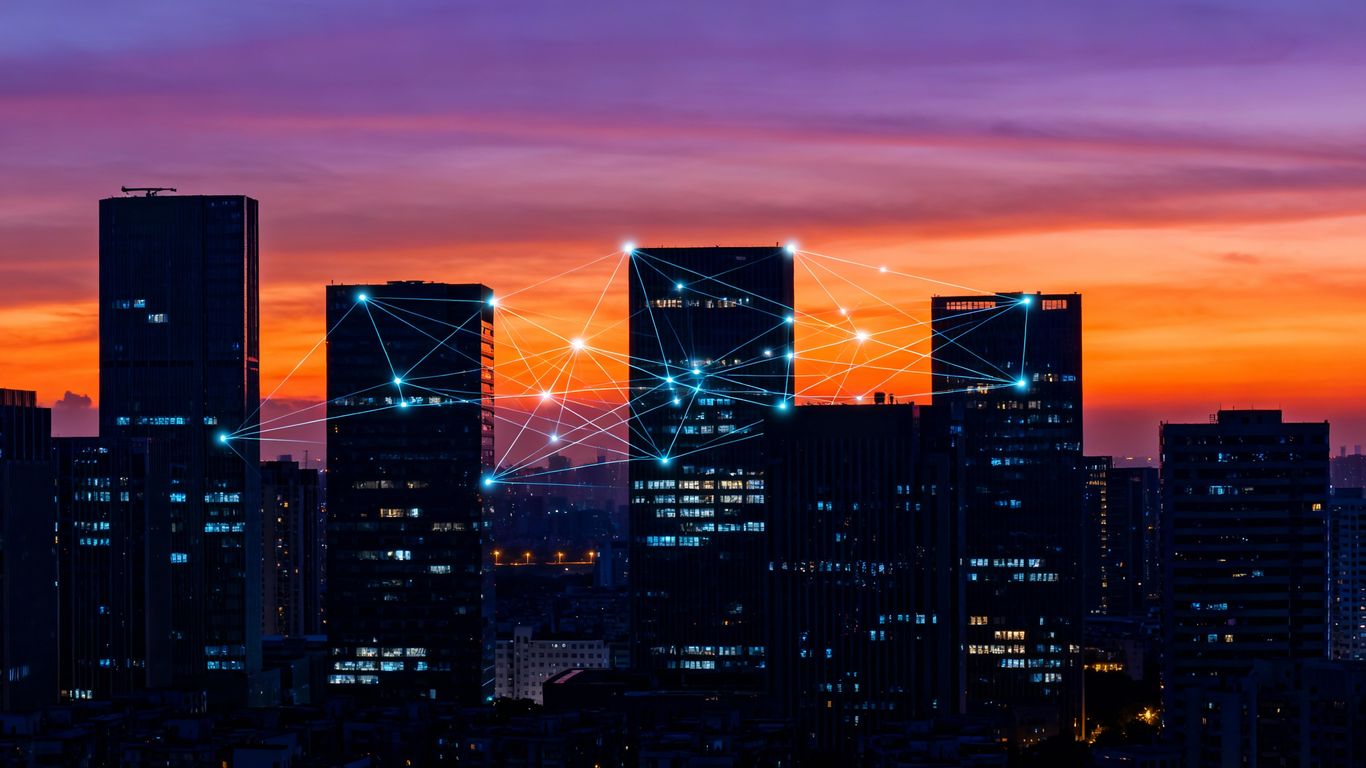 Los Angeles skyline with digital network connections.