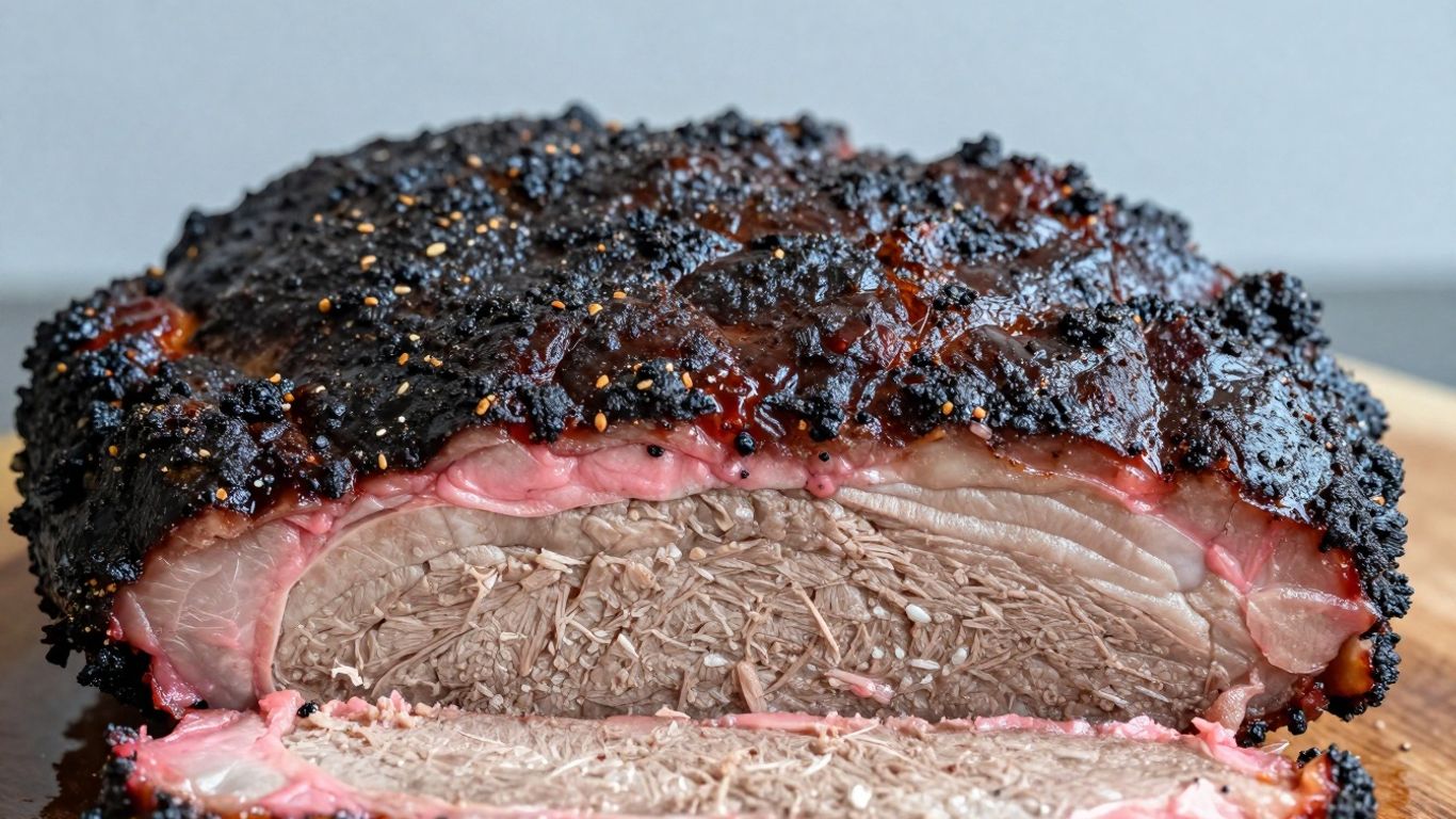 Perfectly smoked brisket with a dark bark and pink smoke ring.