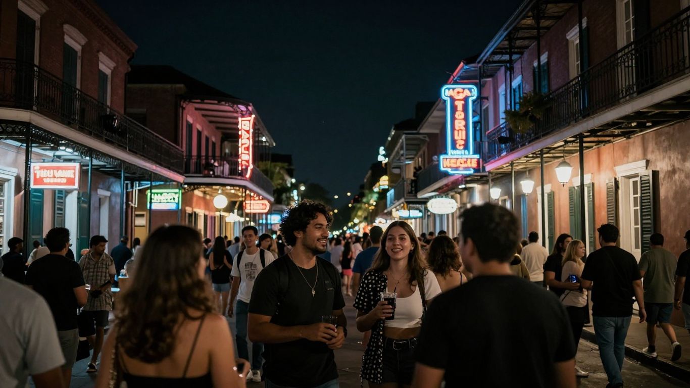 New Orleans street at night with people and neon lights.