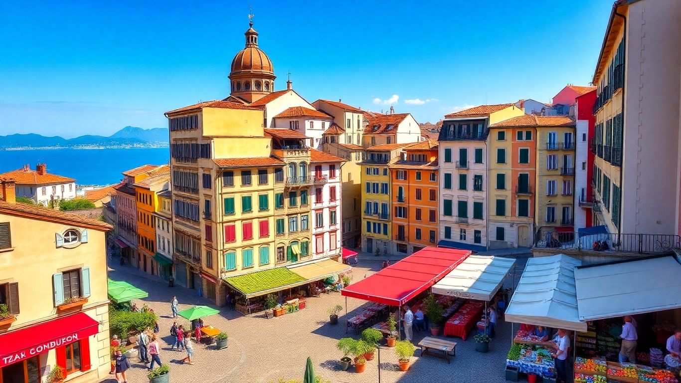European cityscape with cafes and markets.