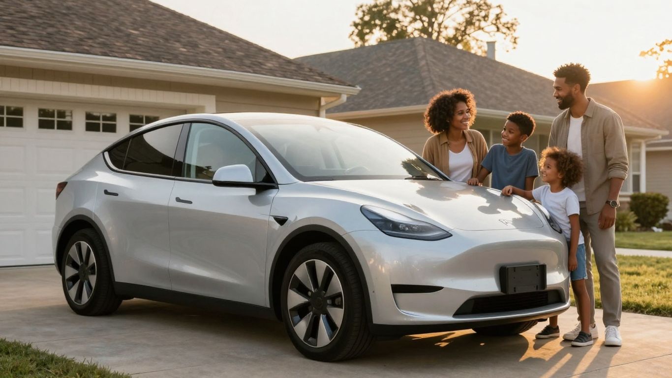 Family with electric car in driveway at sunset.