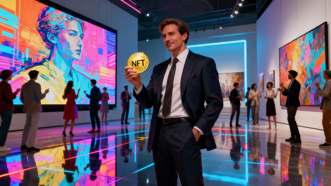Billionaire holding NFT coin in digital art gallery