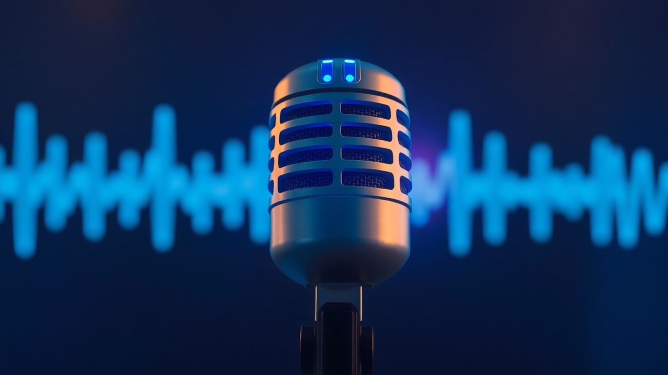 Futuristic microphone creating digital sound waves.