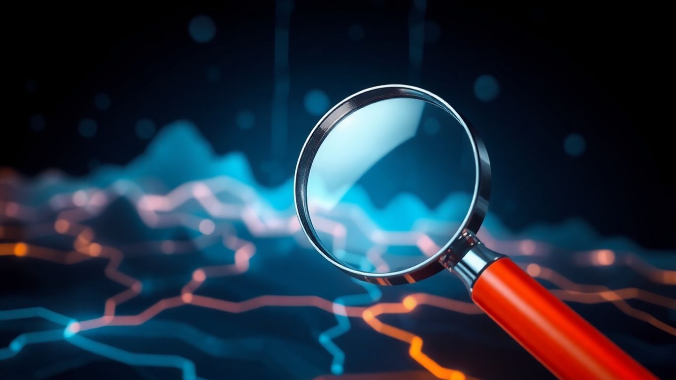 Digital search landscape with magnifying glass.