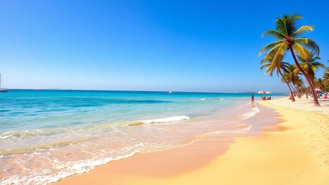 Sunny beach with palm trees and umbrellas.