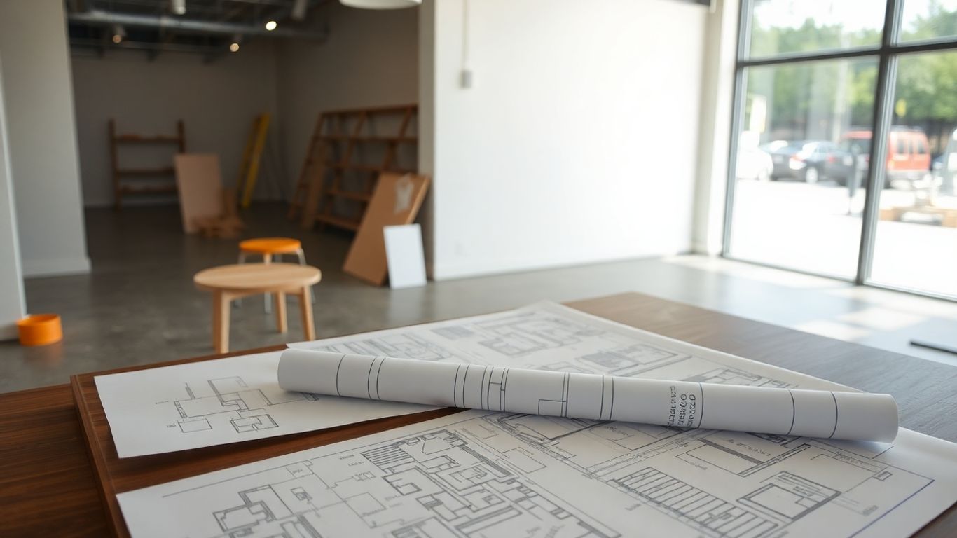 Retail space renovation with blueprints and tools.