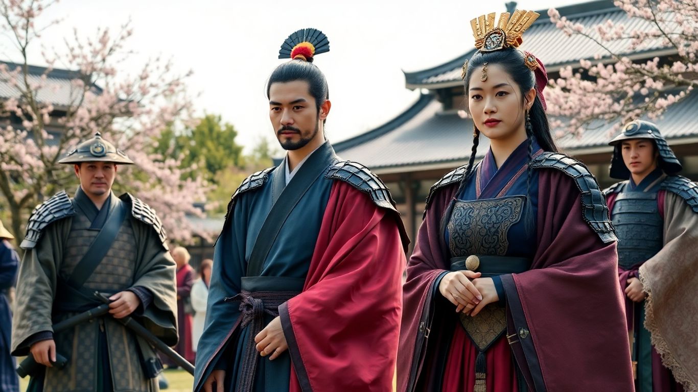 Medieval Japanese clothing of samurai and noblewomen outdoors