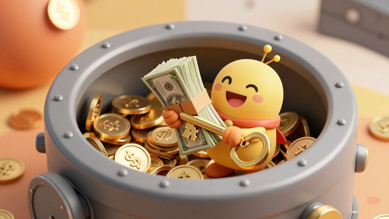 Cartoon character with money and a key.