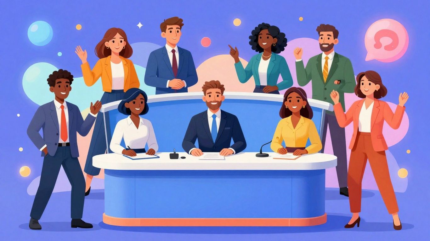 Entertainment Tonight hosts and correspondents in a dynamic, illustrative setting.