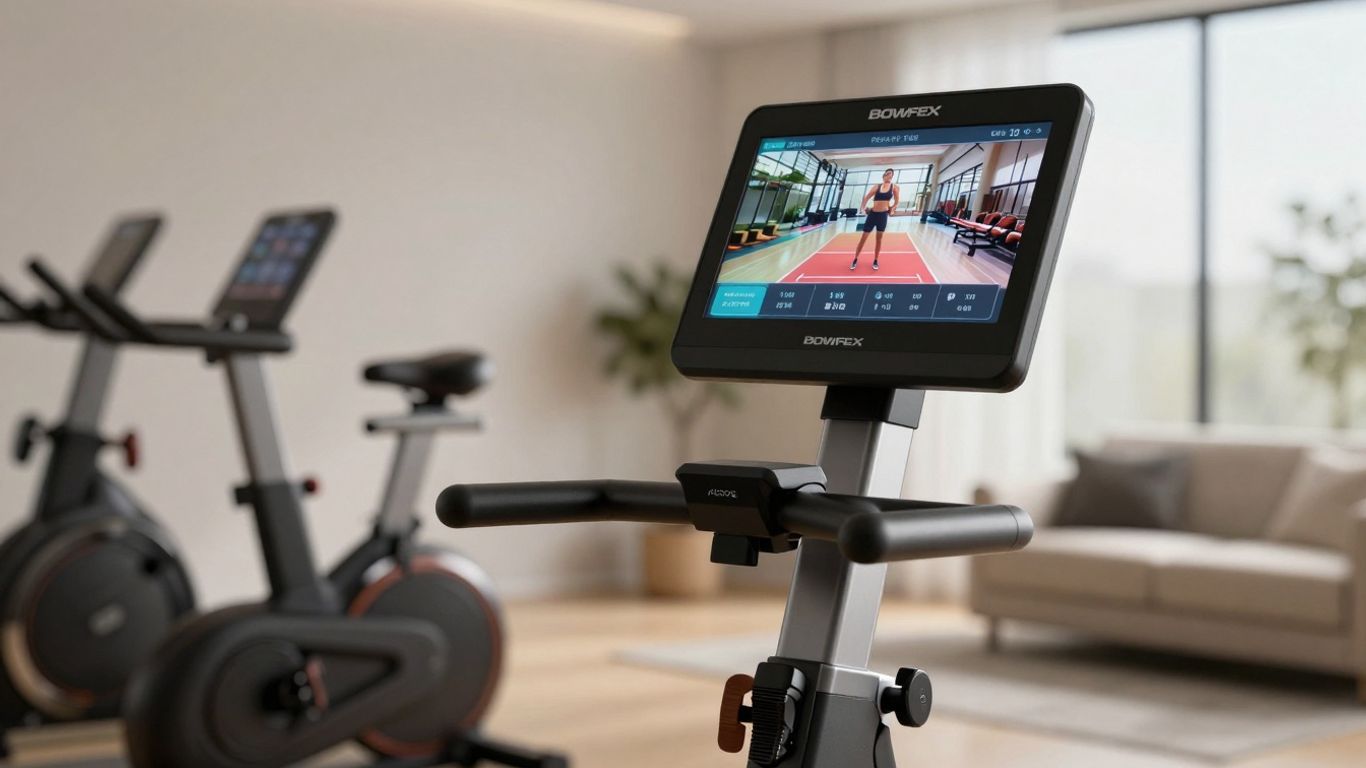 Bowflex VeloCore stationary bike in a home gym setting.