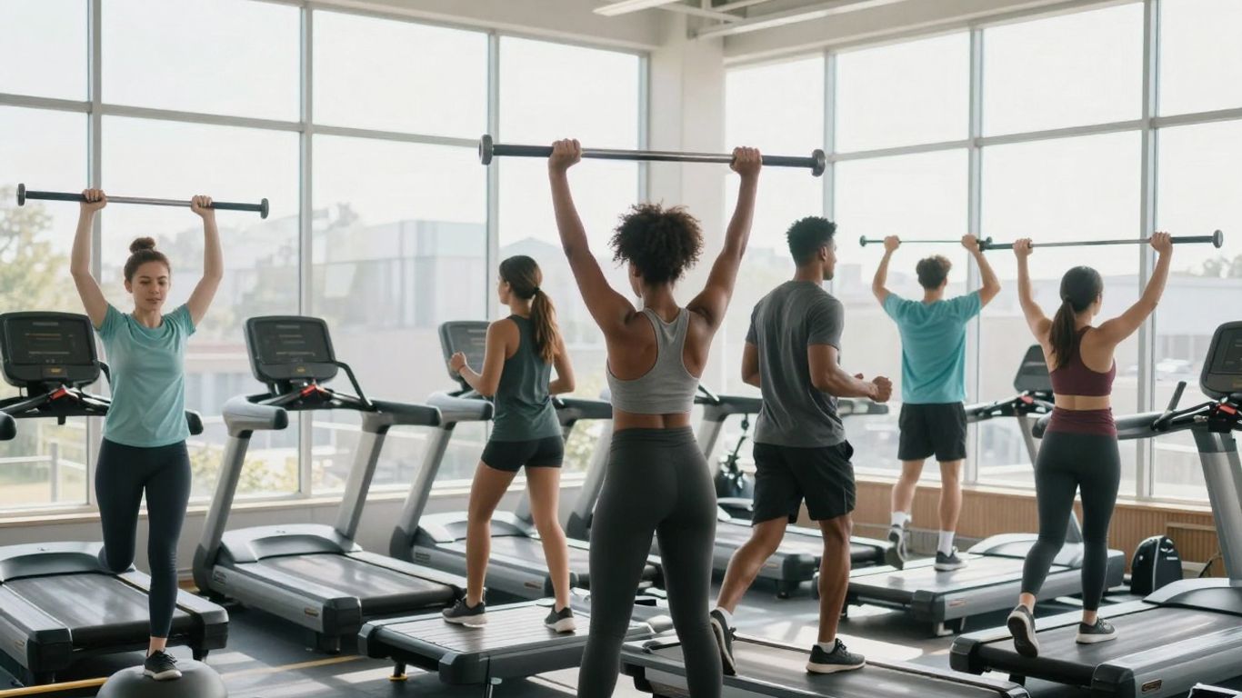 People exercising at Planet Fitness during summer.