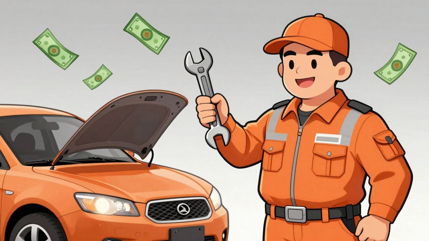 Cartoon mechanic fixing a car with money symbols.