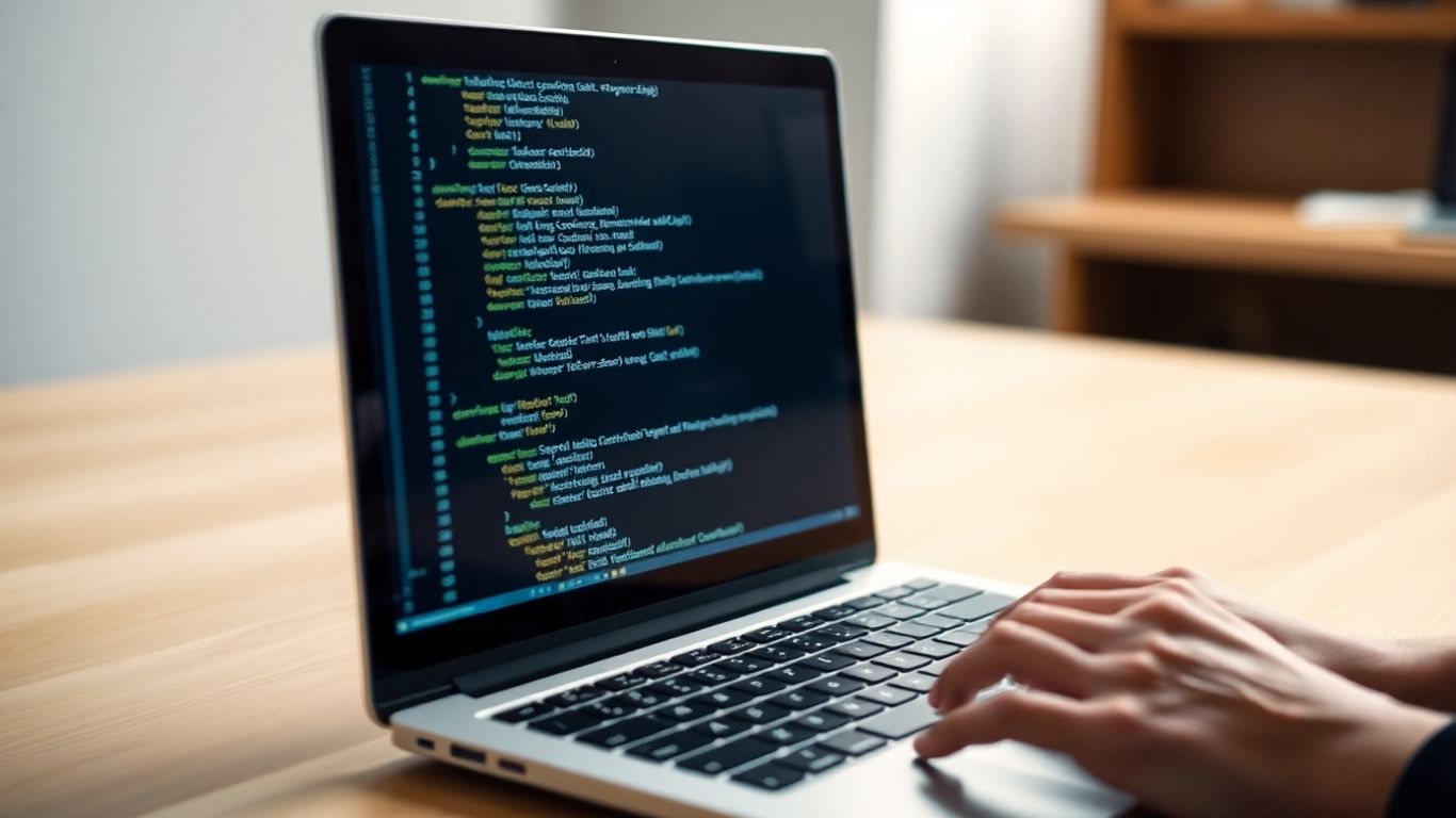 Programador escribiendo código en un portátil moderno.