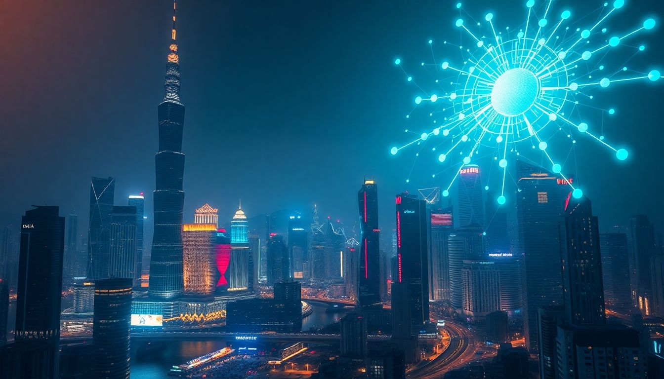 Shanghai skyline with AI-inspired digital holograms at night