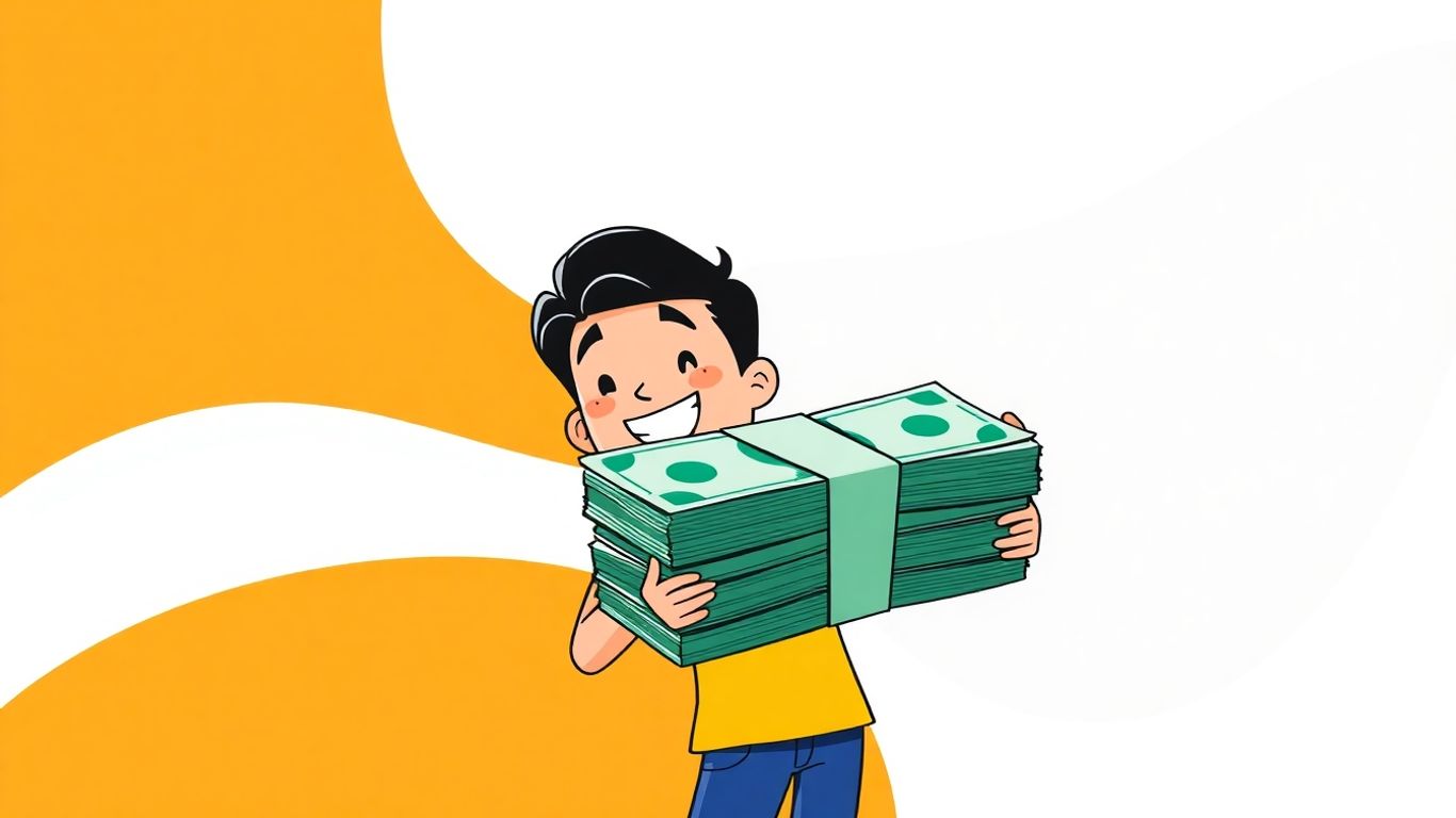 Person holding a large stack of cash, cartoon style.