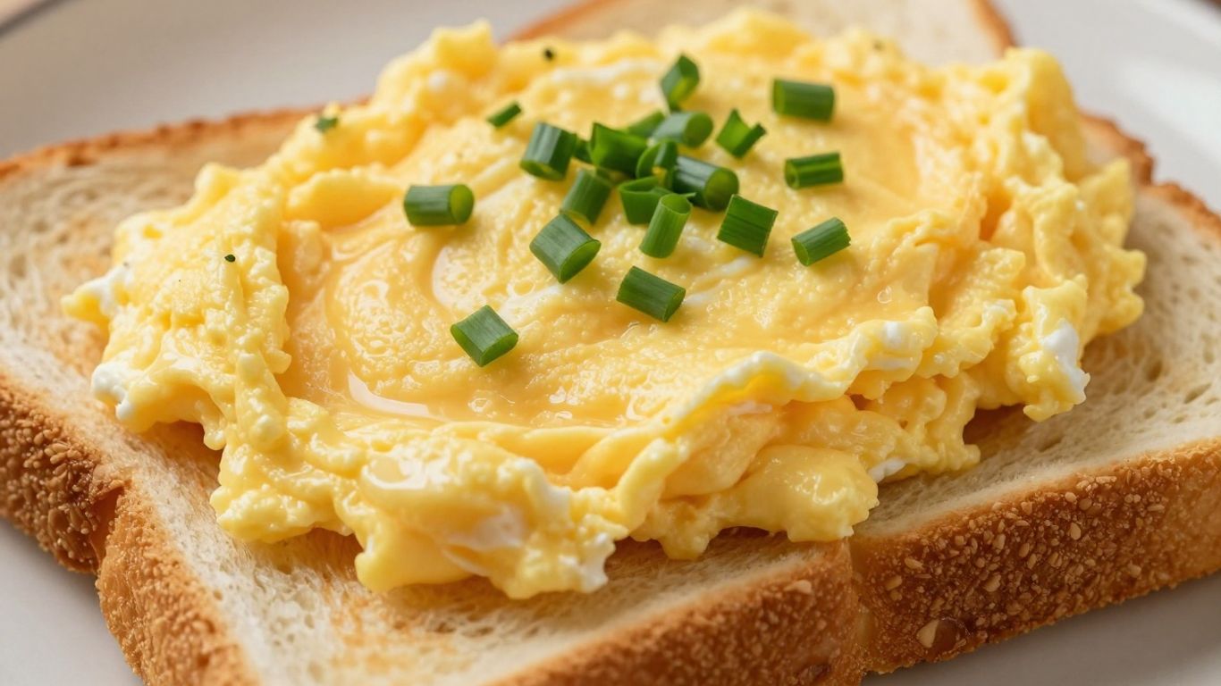 Scrambled eggs on toast with chives.