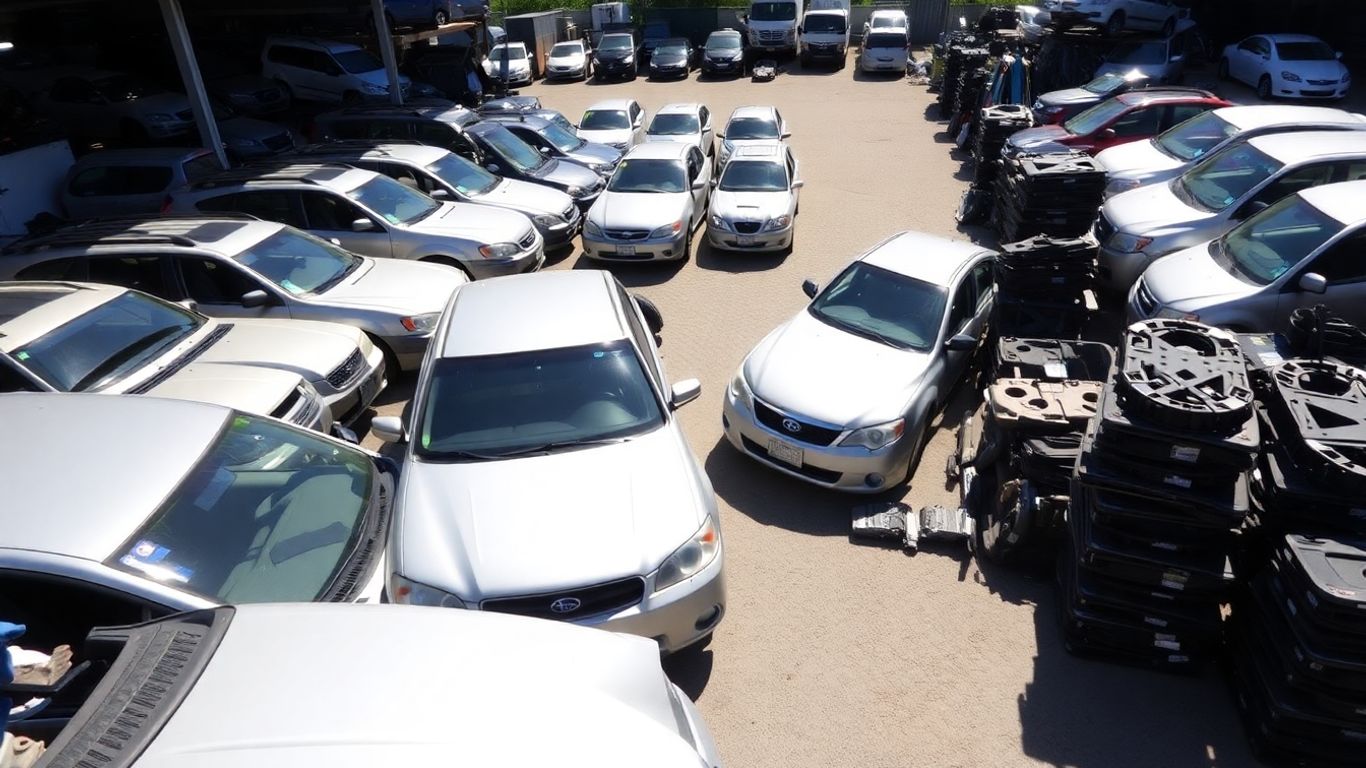 Subaru car bodies and parts in a wrecking yard.