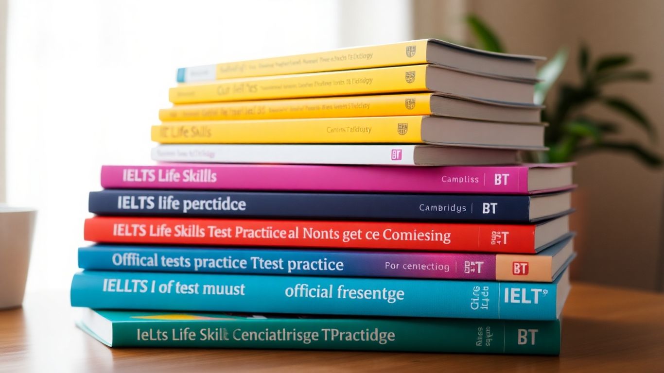IELTS preparation books stacked on a desk.