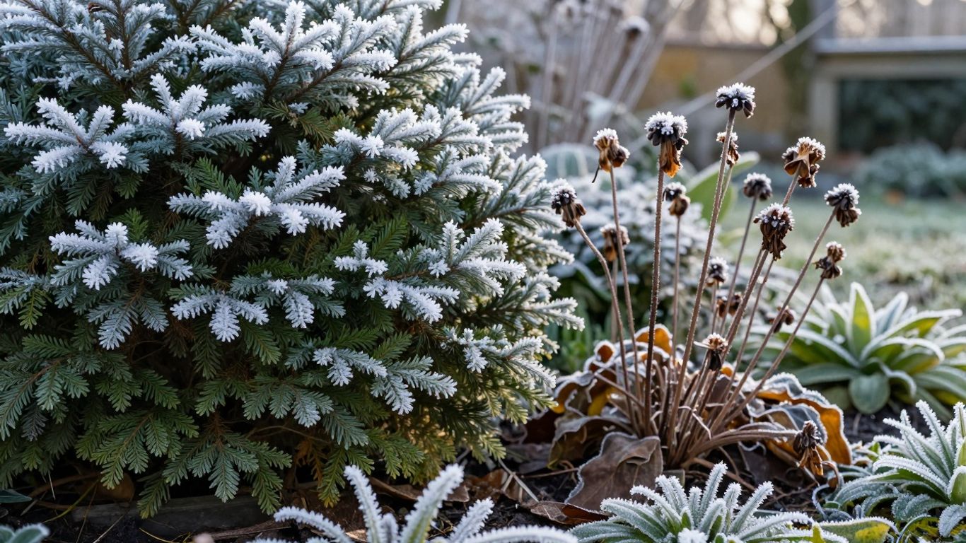 Winterse tuin met vorst en ijskristallen op planten.