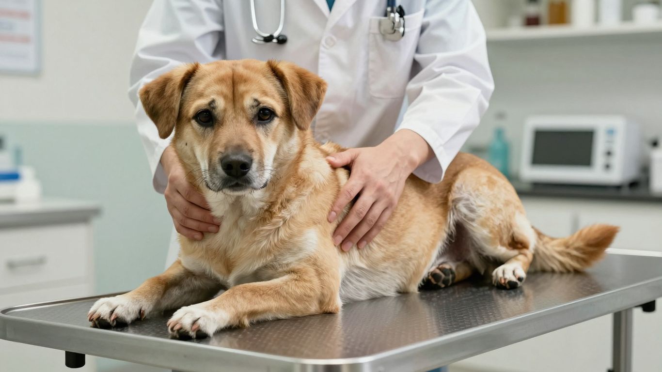 Dierenarts onderzoekt hond tijdens chemotherapie behandeling.