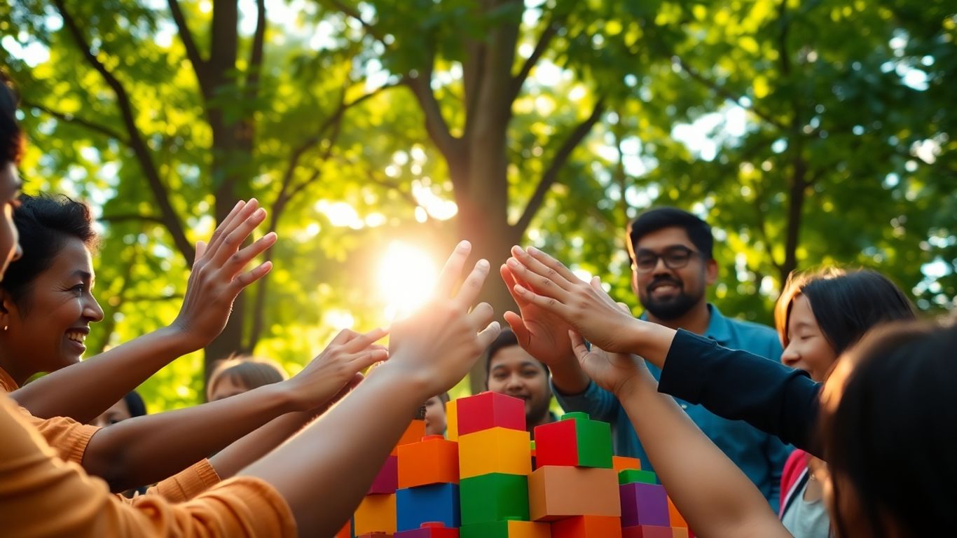 People building with colourful blocks in a park.