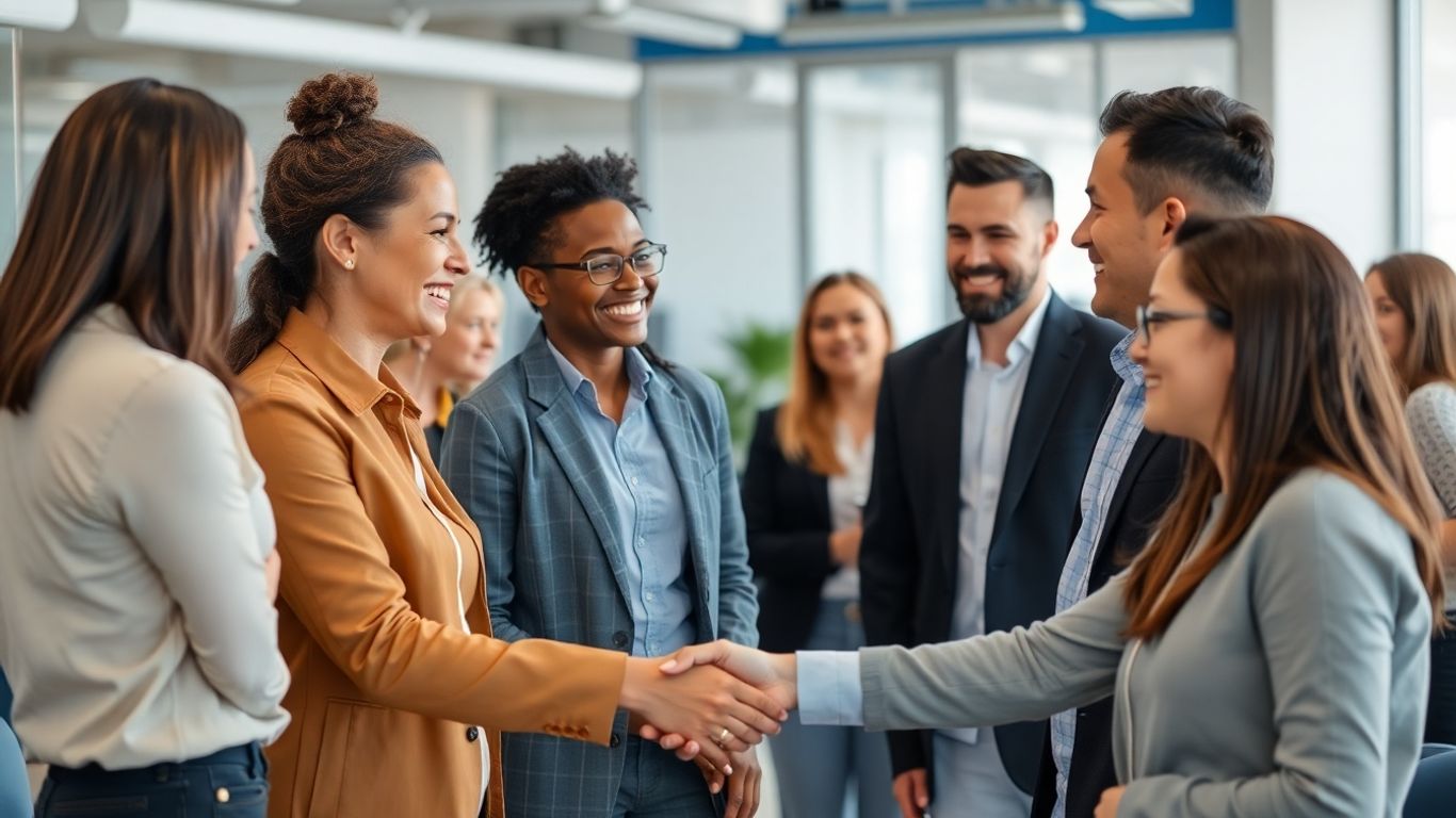 Wertschätzung und Motivation: Wie wir für eine positive Arbeitskultur sorgen Mitarbeiter im Büro interagieren positiv und wertschätzend.