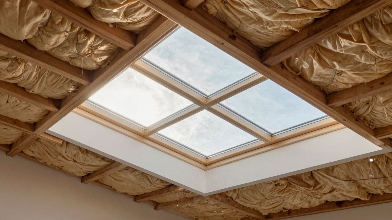 Attic interior with skylight and visible roof insulation.