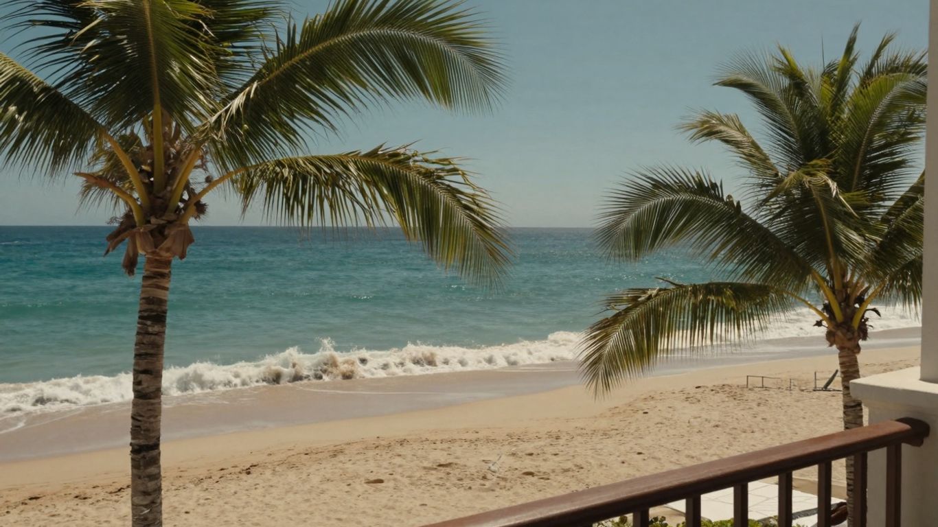 Ocean view from Cabo resort balcony with palm trees.