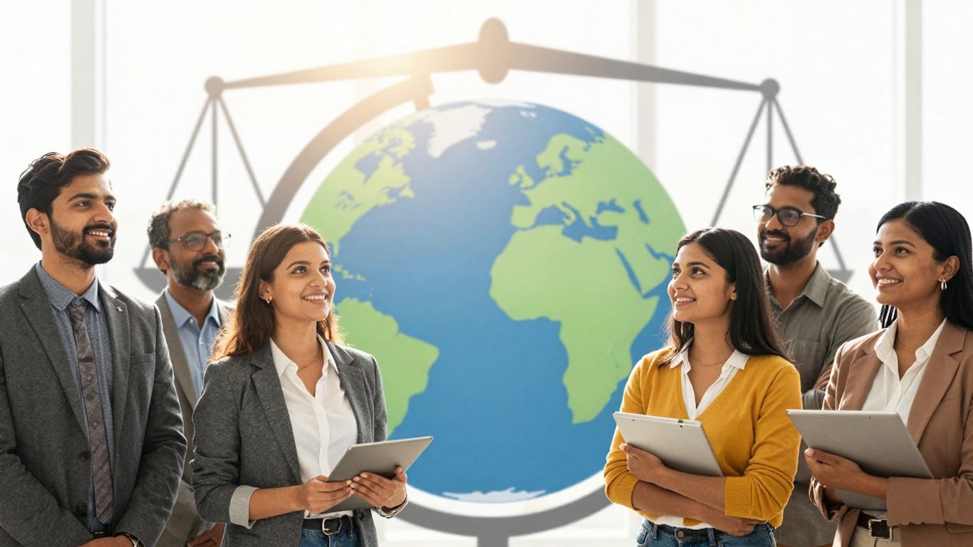 Diverse people near globe with legal scales.