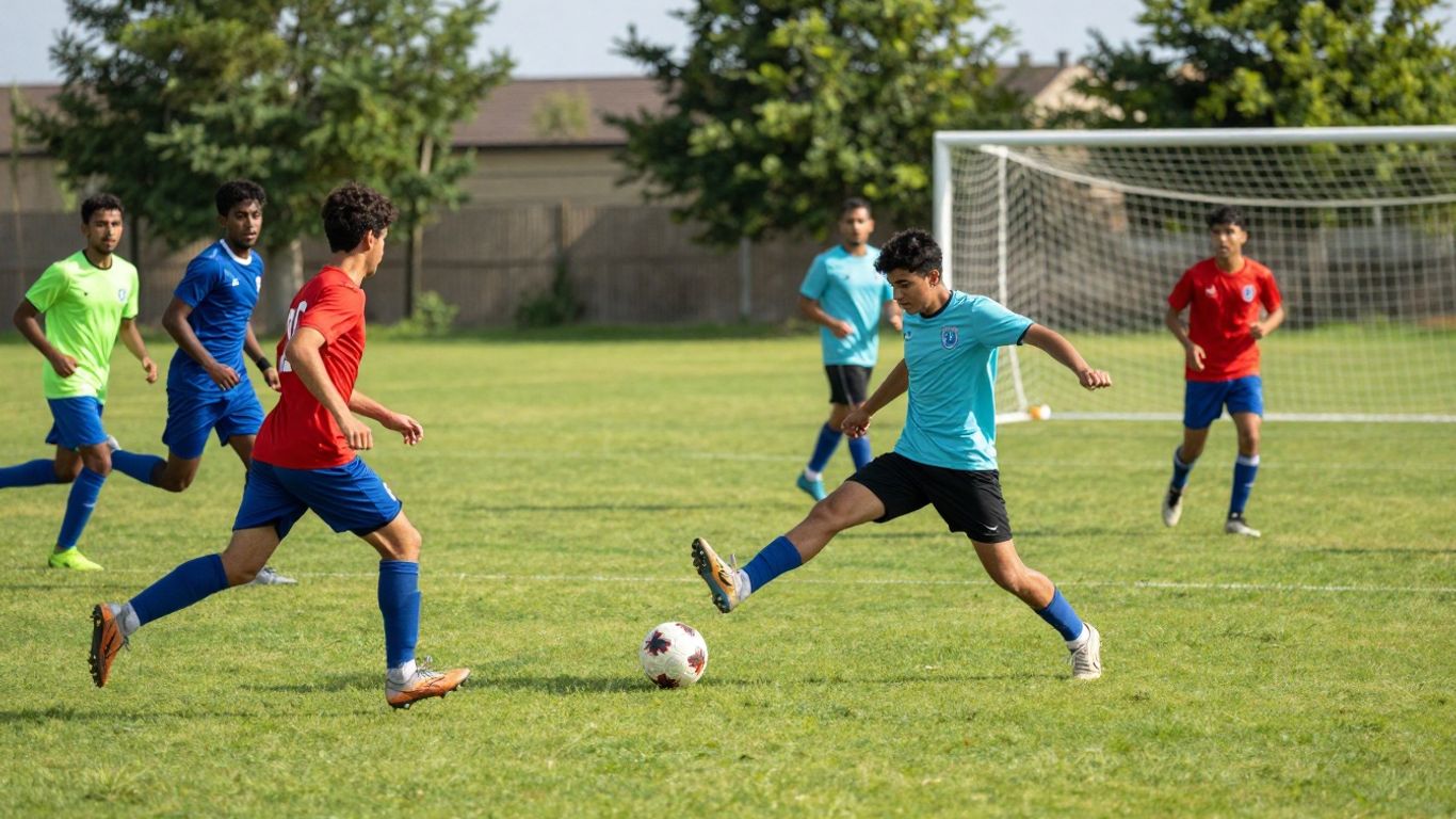 Soccer players in action on a green field.