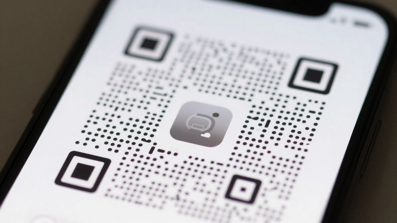 Smartphone displaying a custom Facebook QR code with logo.