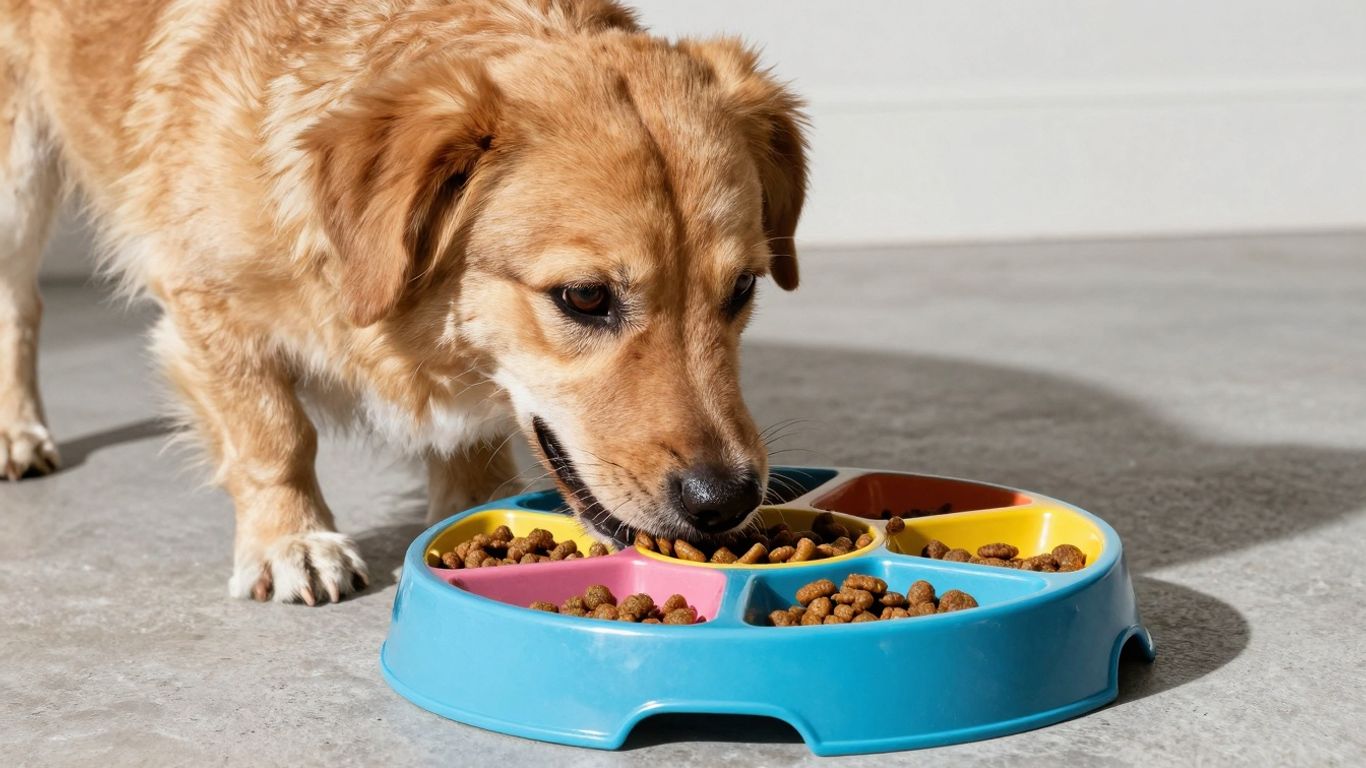Dog eating from a colorful slow feeder bowl