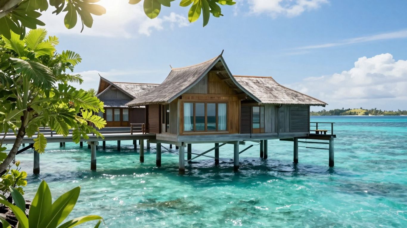 Komodo Island resort bungalow over turquoise water.