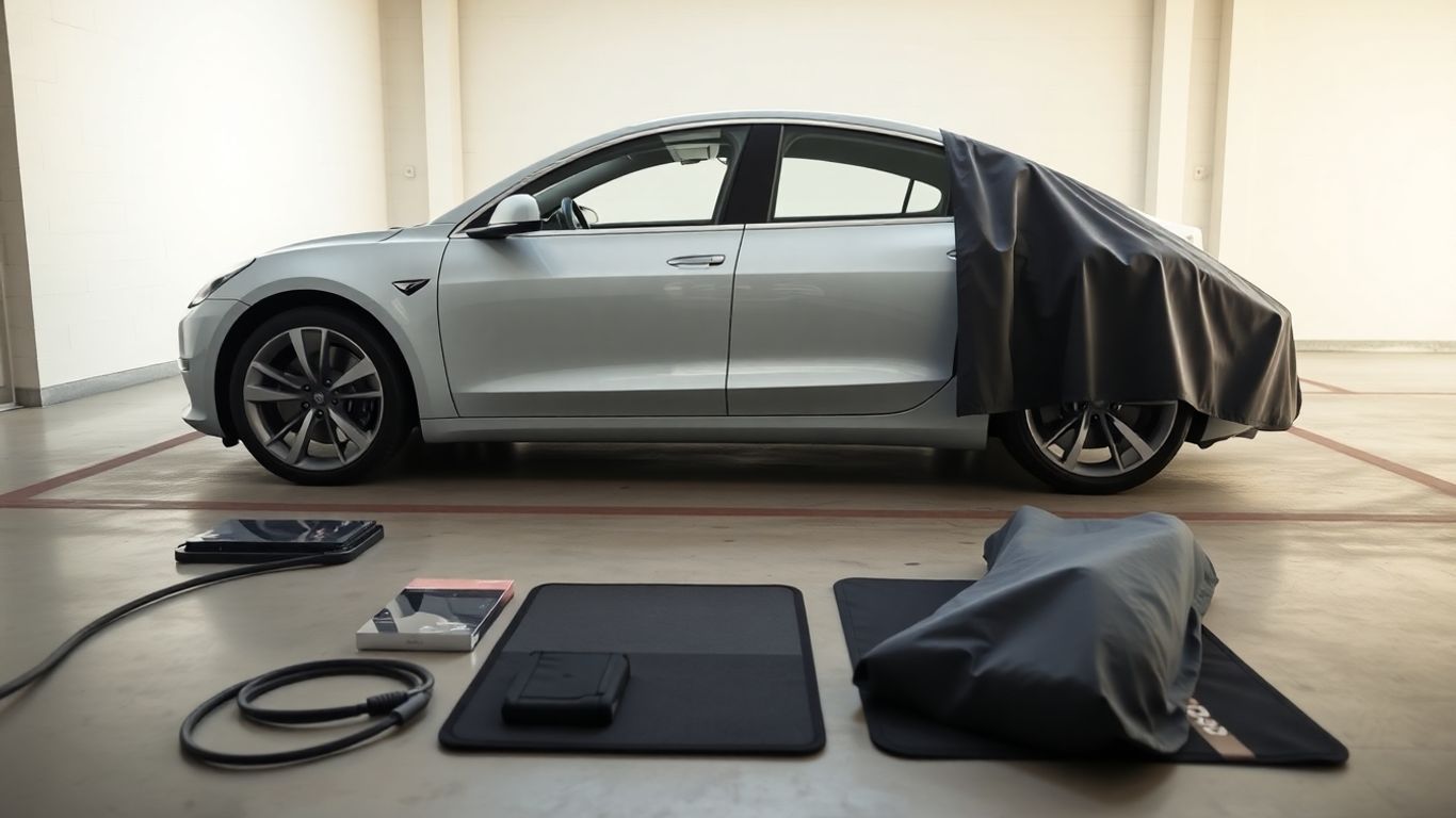 Tesla Model 3 with premium accessories in a modern garage.