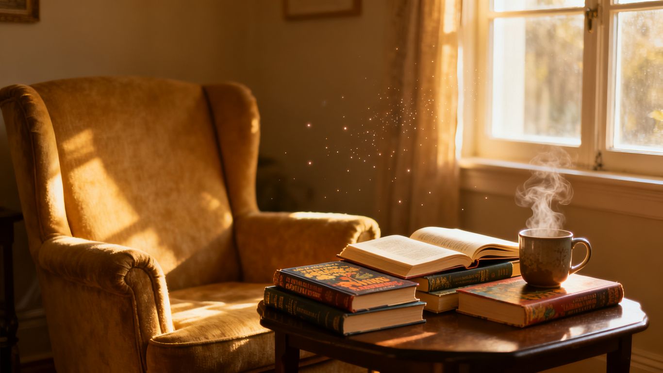 Books and a mug in a cozy, sunlit room.