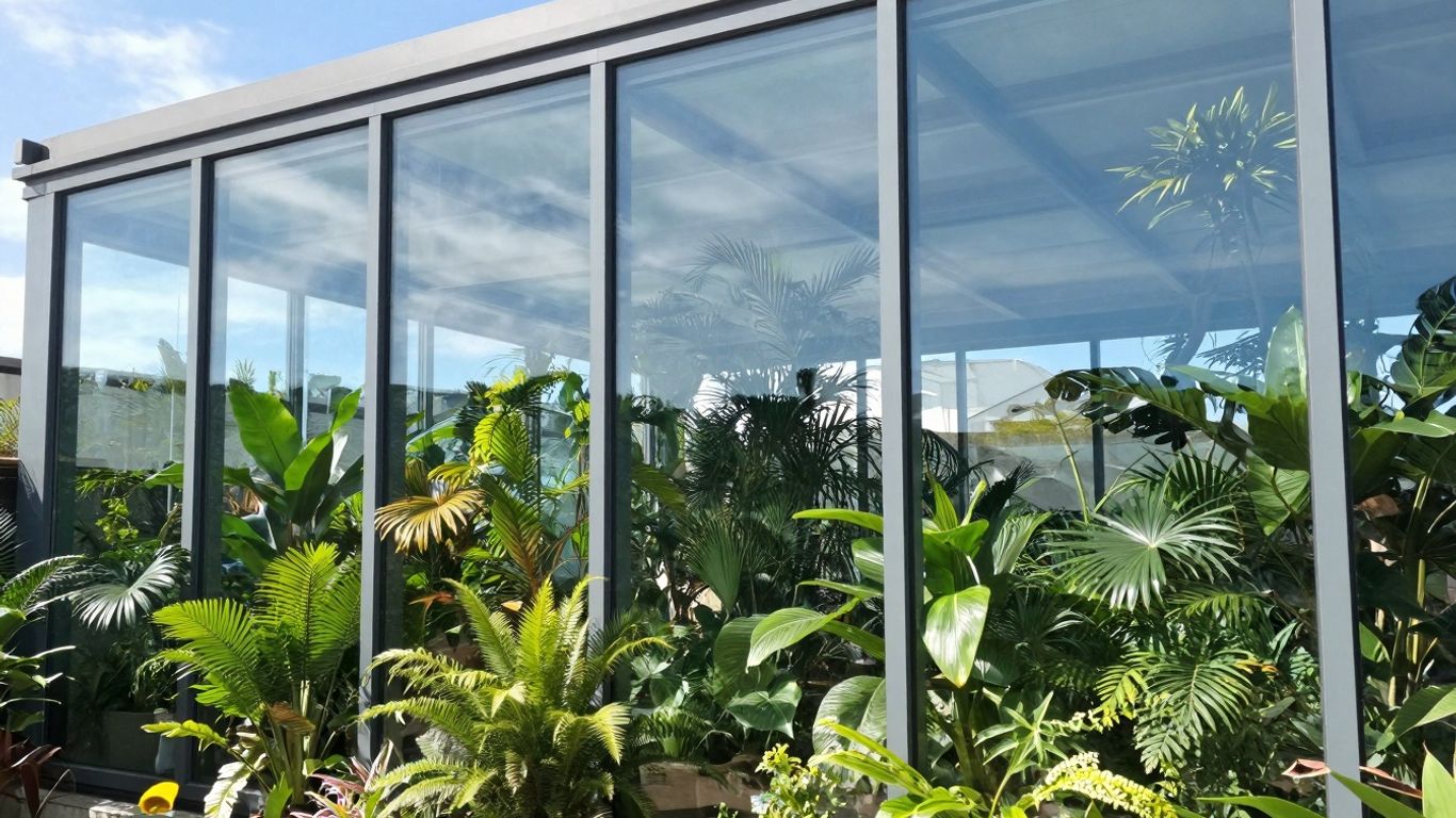 Wintergarten mit großen Glasflächen und Pflanzen