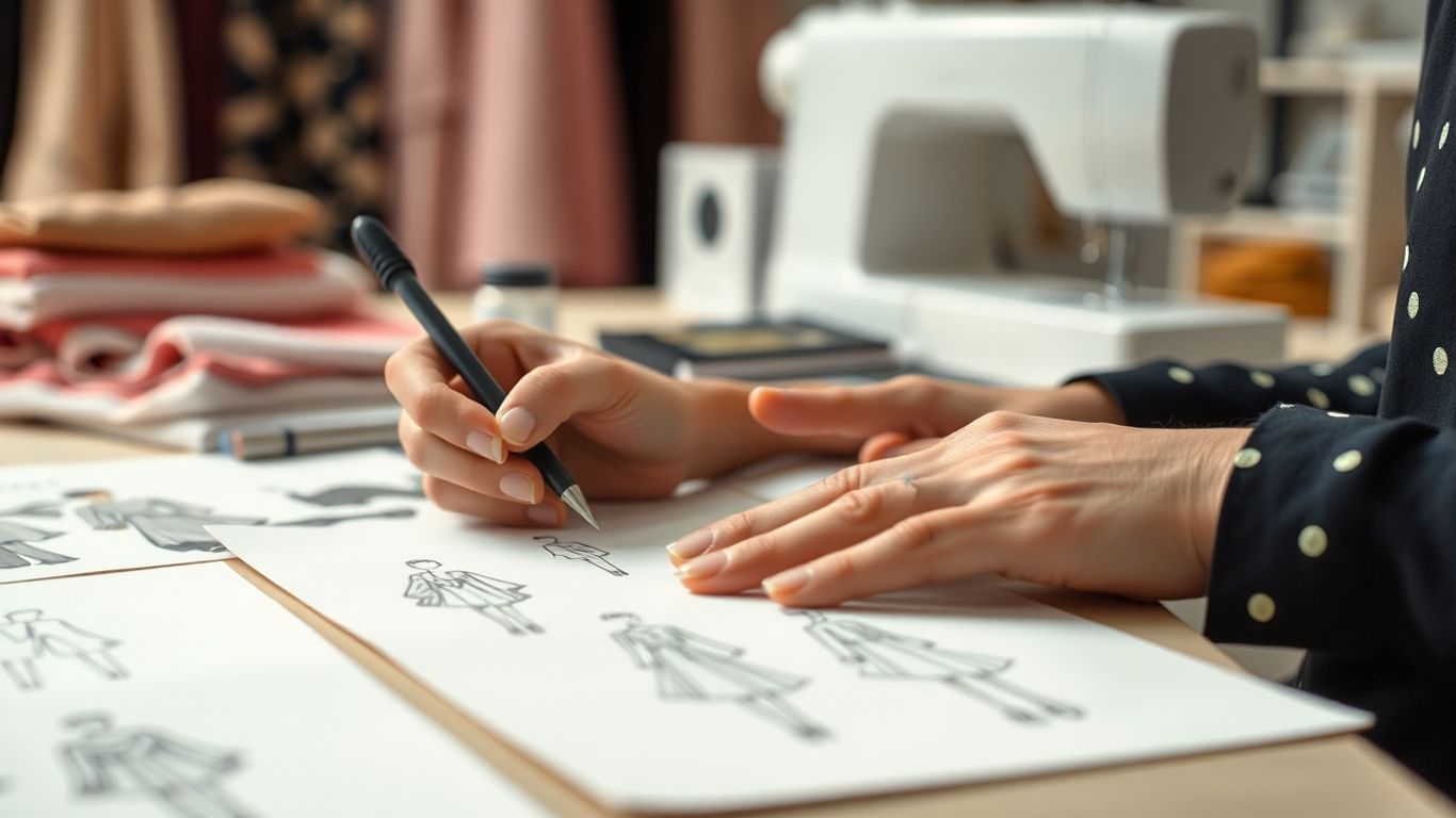 Fashion design sketches and fabric swatches.