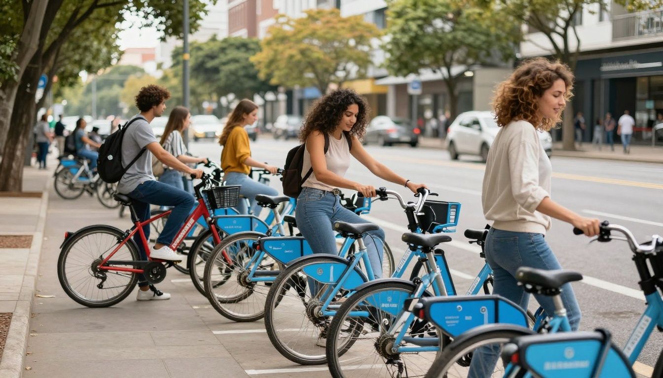 Cena urbana moderna com pessoas usando apps de aluguel de bicicletas em diferentes estações em uma cidade ensolarada, bicicletas coloridas e ambiente amigável