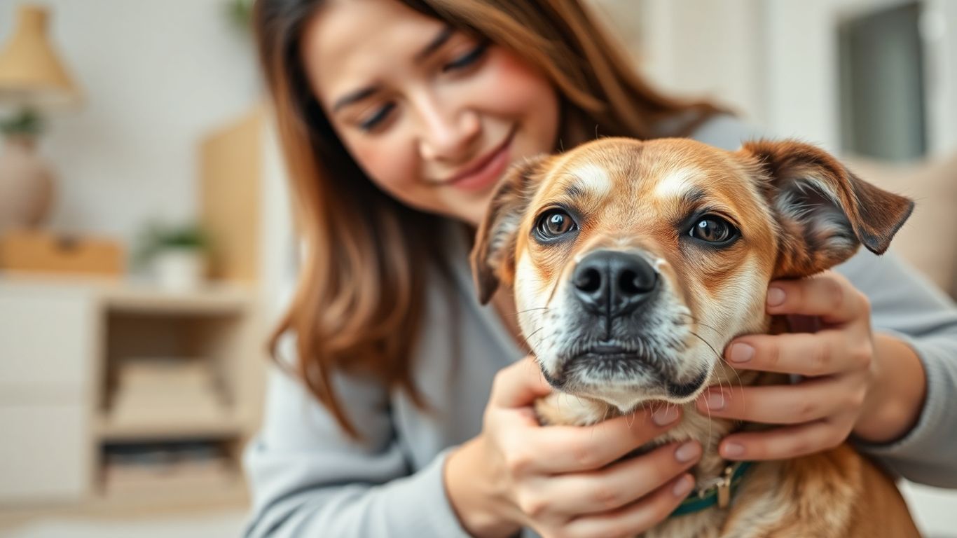 Owner comforting a slightly anxious dog at home.