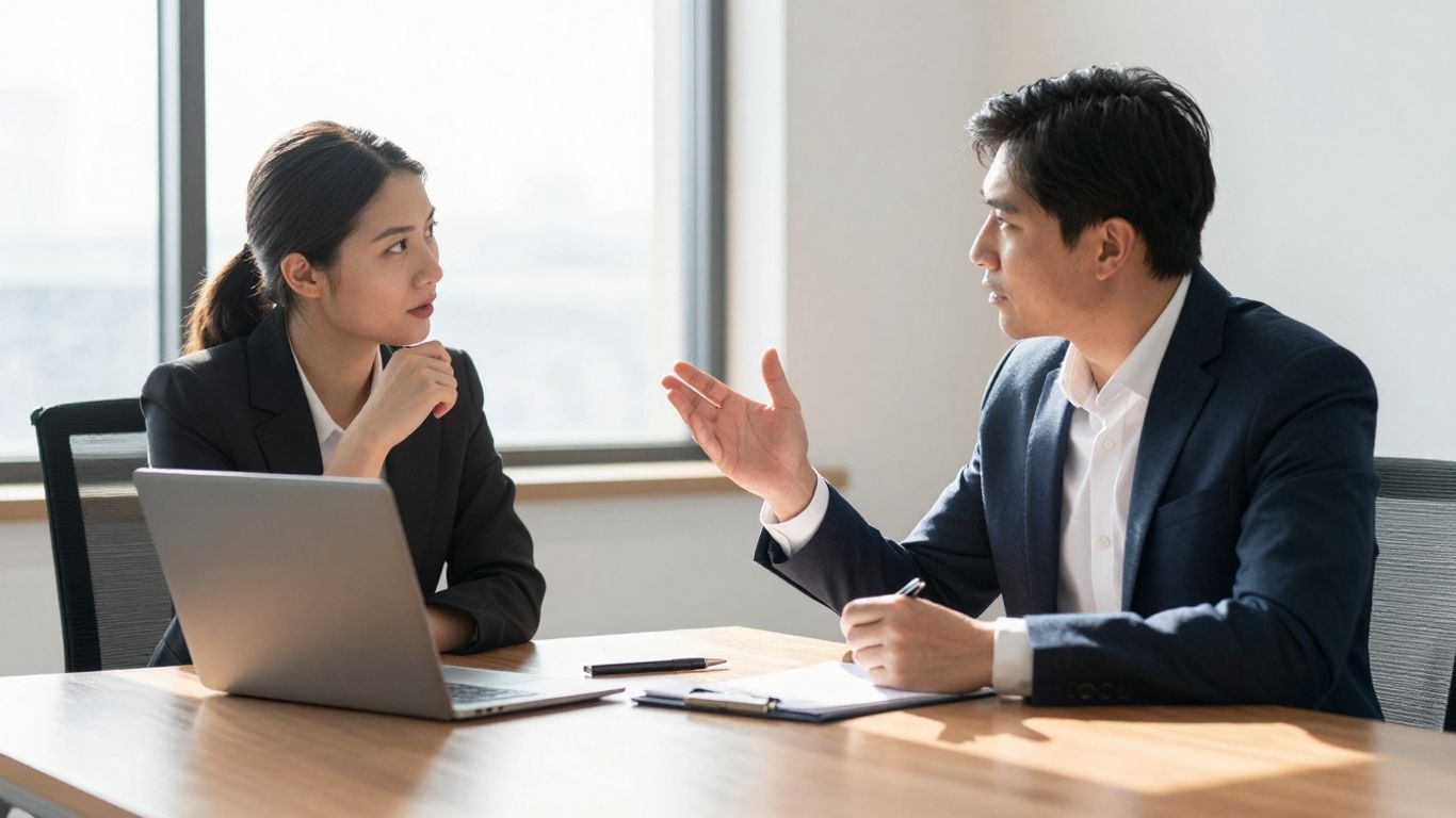 Lawyer and client discussing legal matters in an office.