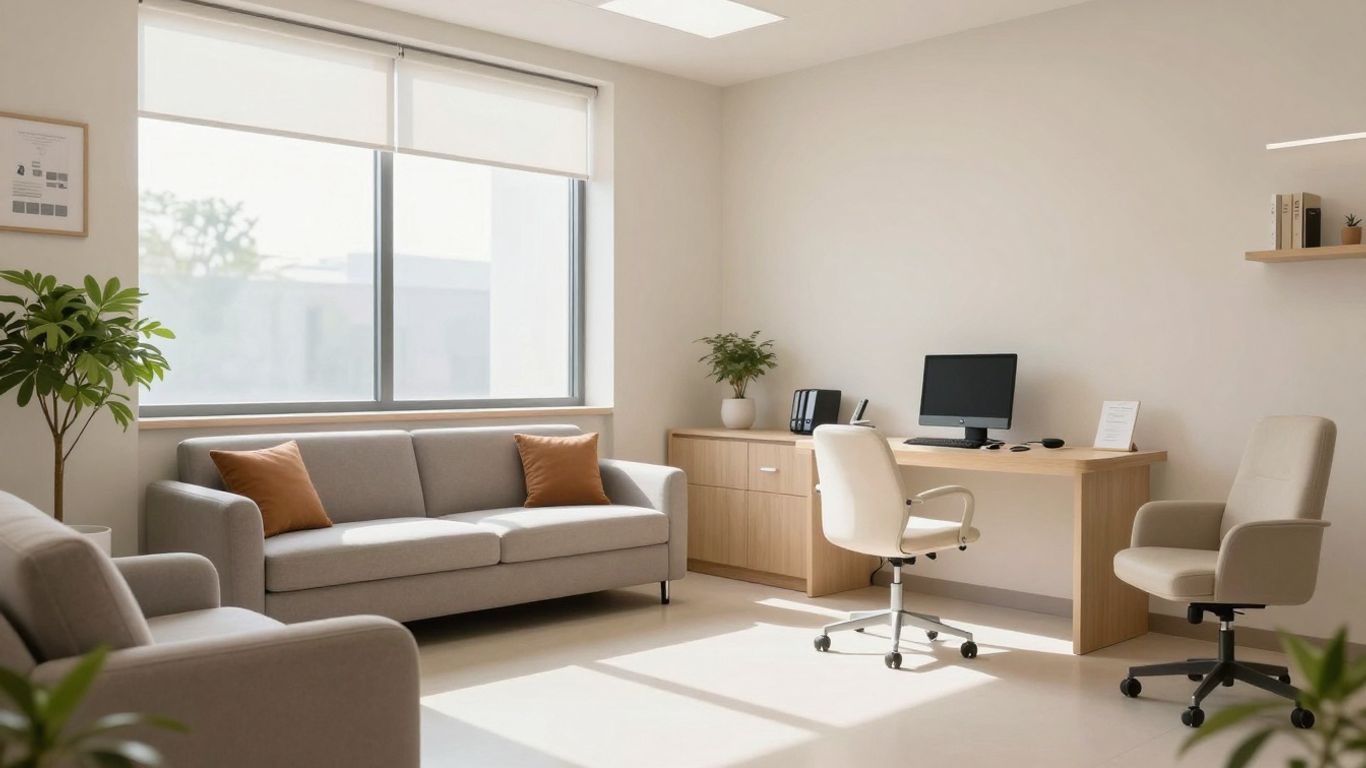 Weight loss clinic interior with natural light and comfortable seating.
