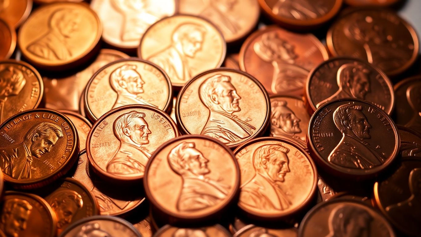 Scattered wheat pennies, Lincoln profile visible.