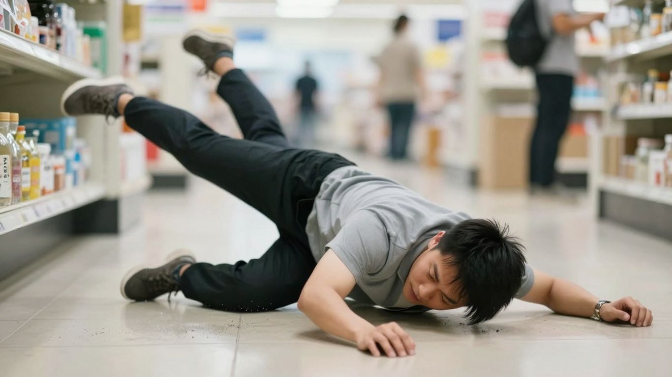 Person falling after slipping on a wet floor.