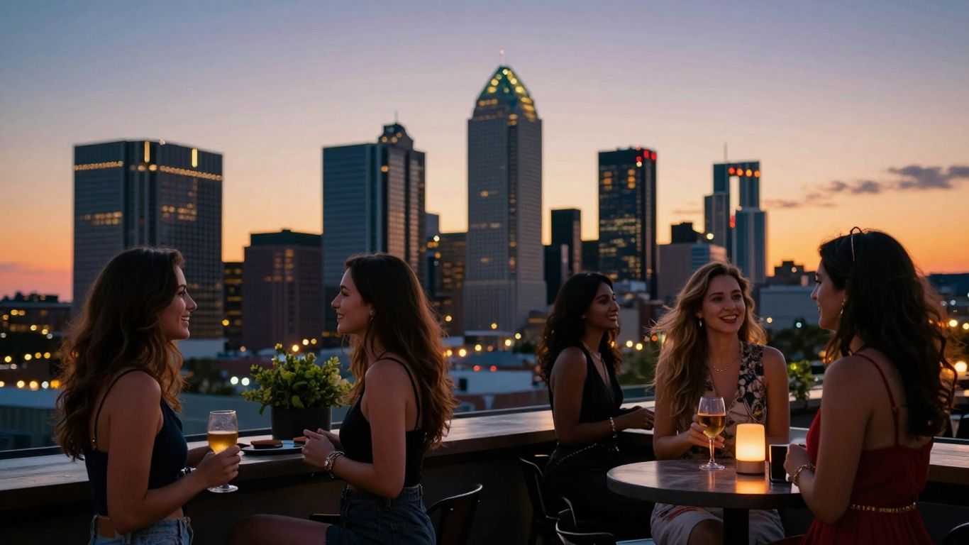 Dallas skyline with attractive women at rooftop bar