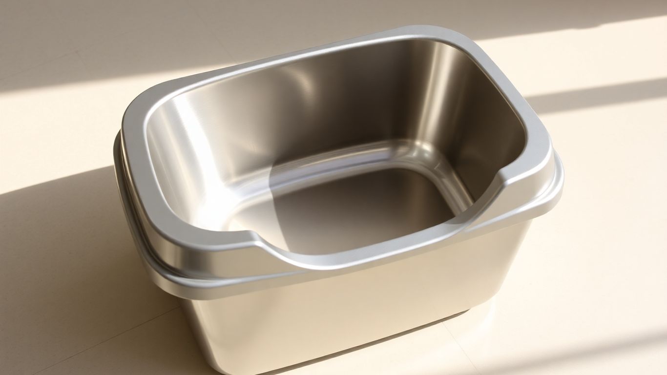 Shiny stainless steel cat litter box on a floor.