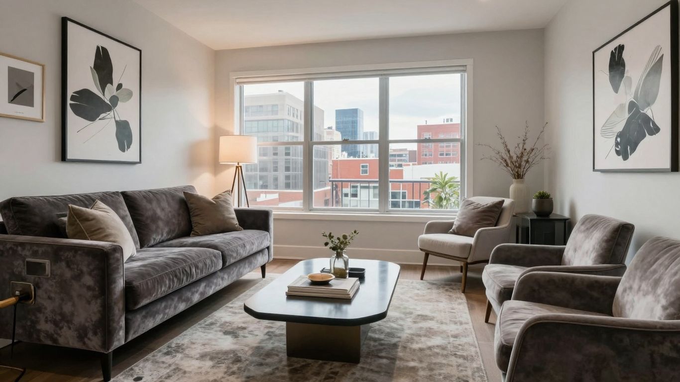 Stylish Denver Airbnb living room with modern decor and city views.